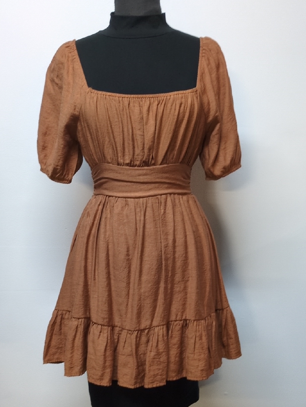 Altar’d State Cognac Dress Puffed Sleeve Tiered Ruffle Hem, Size S